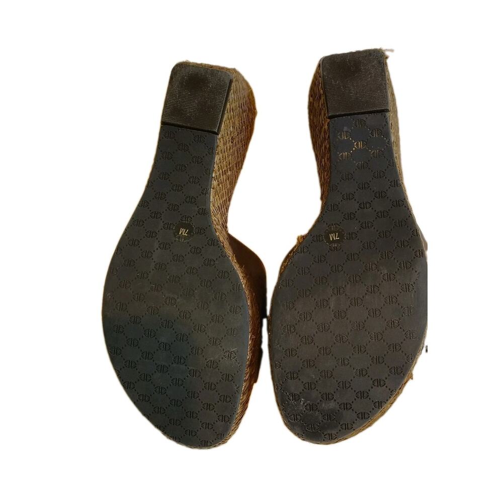 Antonio Melani Brown Leather Wedge Slide Sandals Gold Buckle Straw Heel Size 7M - Picture 5 of 7